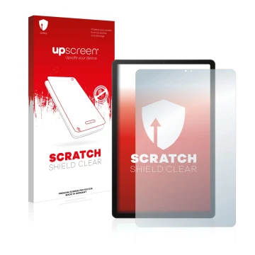 Face avant d’un emballage produit avec le logo de la marque upscreen. À côté, l’appareil Samsung Galaxy Tab S5e LTE 2019 est r