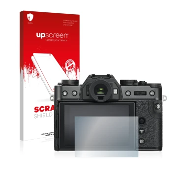Face avant d’un emballage produit avec le logo de la marque upscreen. À côté, l’appareil Fujifilm X-T30 est représenté avec la