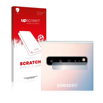 Face avant d’un emballage produit avec le logo de la marque upscreen. À côté, l’appareil Samsung Galaxy S10 5G (Caméra UNIQUEM