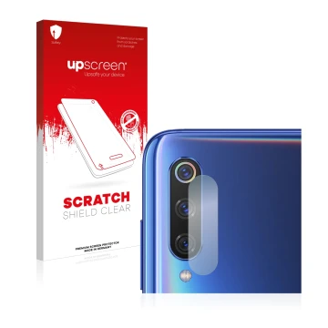 Face avant d’un emballage produit avec le logo de la marque upscreen. À côté, l’appareil Xiaomi Mi 9 (Caméra UNIQUEMENT) est r