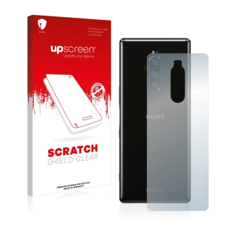 Face avant d’un emballage produit avec le logo de la marque upscreen. À côté, l’appareil Sony Xperia 1 (Arrière) est représent