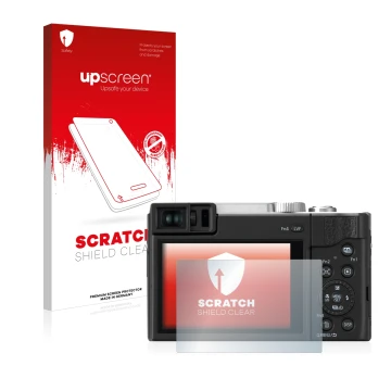 Face avant d’un emballage produit avec le logo de la marque upscreen. À côté, l’appareil Panasonic Lumix DC-TZ96 est représent