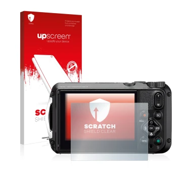 Face avant d’un emballage produit avec le logo de la marque upscreen. À côté, l’appareil Ricoh WG-6 est représenté avec la pro