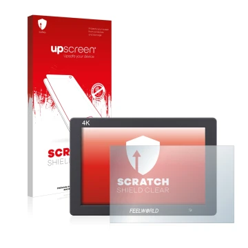 Face avant d’un emballage produit avec le logo de la marque upscreen. À côté, l’appareil Feelworld T7 7