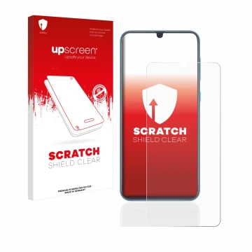 Face avant d’un emballage produit avec le logo de la marque upscreen. À côté, l’appareil Samsung Galaxy A40 est représenté ave