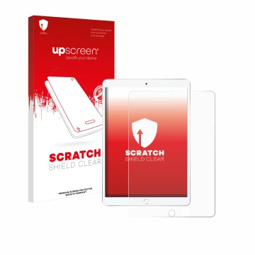 Face avant d’un emballage produit avec le logo de la marque upscreen. À côté, l’appareil Apple iPad Air 2019 (3ème Gen.) est r