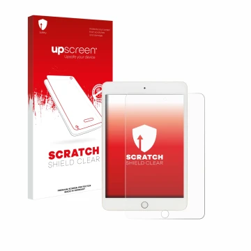 Face avant d’un emballage produit avec le logo de la marque upscreen. À côté, l’appareil Apple iPad Mini 5 2019 (5ème Gen.) es