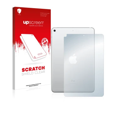 Face avant d’un emballage produit avec le logo de la marque upscreen. À côté, l’appareil Apple iPad Mini 5 2019 (Arrière, 5ème