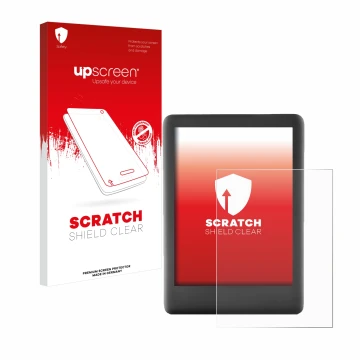 Face avant d’un emballage produit avec le logo de la marque upscreen. À côté, l’appareil Amazon Kindle 2019 (10ème Gen.) est r