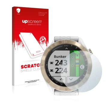 Face avant d’un emballage produit avec le logo de la marque upscreen. À côté, l’appareil Garmin Approach S40 est représenté av