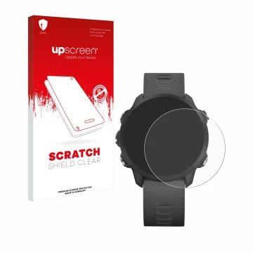 Face avant d’un emballage produit avec le logo de la marque upscreen. À côté, l’appareil Garmin Forerunner 245 Music est repré