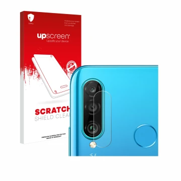 Face avant d’un emballage produit avec le logo de la marque upscreen. À côté, l’appareil Huawei P30 lite (Caméra UNIQUEMENT) e