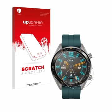 Face avant d’un emballage produit avec le logo de la marque upscreen. À côté, l’appareil Huawei Watch GT Active est représenté