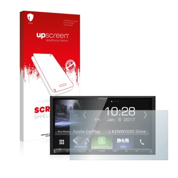 Face avant d’un emballage produit avec le logo de la marque upscreen. À côté, l’appareil Kenwood DMX7017DABS est représenté av
