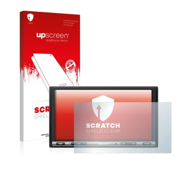 Face avant d’un emballage produit avec le logo de la marque upscreen. À côté, l’appareil Sony XAV-AX3005DB est représenté avec