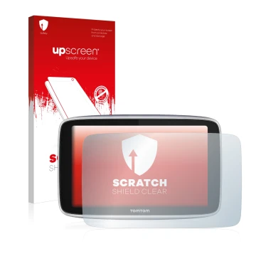 Face avant d’un emballage produit avec le logo de la marque upscreen. À côté, l’appareil TomTom GO Premium X est représenté av