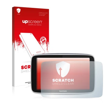Face avant d’un emballage produit avec le logo de la marque upscreen. À côté, l’appareil TomTom GO Premium (5