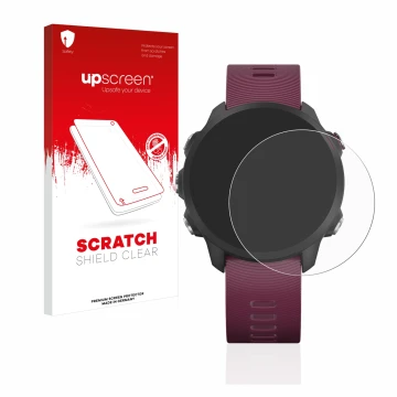 Face avant d’un emballage produit avec le logo de la marque upscreen. À côté, l’appareil Garmin Forerunner 245 est représenté 