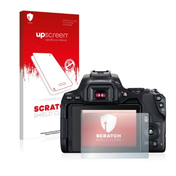 Face avant d’un emballage produit avec le logo de la marque upscreen. À côté, l’appareil Canon EOS 250D est représenté avec la