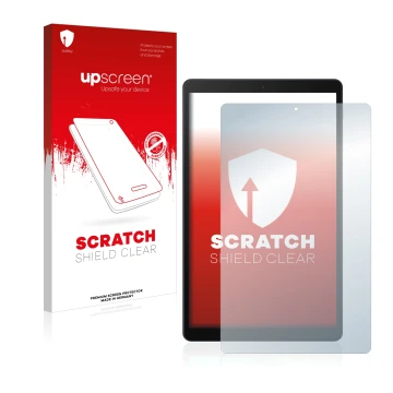 Face avant d’un emballage produit avec le logo de la marque upscreen. À côté, l’appareil Samsung Galaxy Tab A 10.1 2019 est re