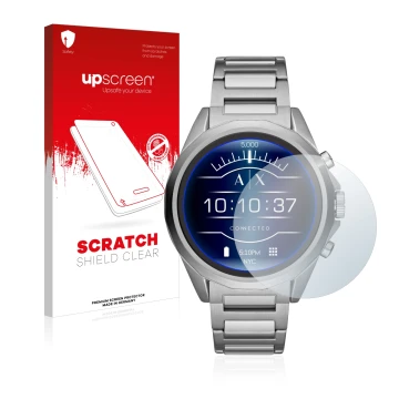 Face avant d’un emballage produit avec le logo de la marque upscreen. À côté, l’appareil Emporio Armani Connected Exchange AXT