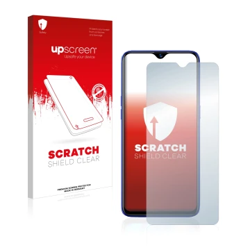 Face avant d’un emballage produit avec le logo de la marque upscreen. À côté, l’appareil realme 3 Pro est représenté avec la p