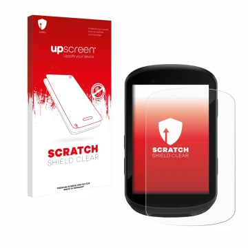 Face avant d’un emballage produit avec le logo de la marque upscreen. À côté, l’appareil Garmin Edge 830 est représenté avec l