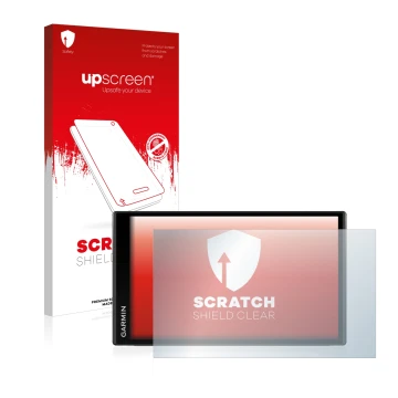 Face avant d’un emballage produit avec le logo de la marque upscreen. À côté, l’appareil Garmin Camper 780 est représenté avec