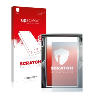 Face avant d’un emballage produit avec le logo de la marque upscreen. À côté, l’appareil Tesla Model X est représenté avec la 