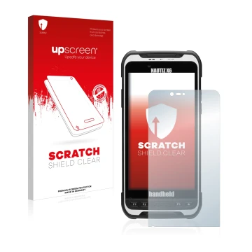 Face avant d’un emballage produit avec le logo de la marque upscreen. À côté, l’appareil Handheld Nautiz X6 est représenté ave