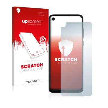 Face avant d’un emballage produit avec le logo de la marque upscreen. À côté, l’appareil Motorola One Vision est représenté av