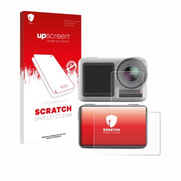 Face avant d’un emballage produit avec le logo de la marque upscreen. À côté, l’appareil DJI Osmo Action est représenté avec l