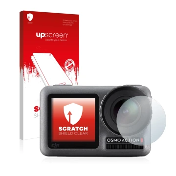 Face avant d’un emballage produit avec le logo de la marque upscreen. À côté, l’appareil DJI Osmo Action (Lentille) est représ