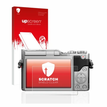 Face avant d’un emballage produit avec le logo de la marque upscreen. À côté, l’appareil Panasonic Lumix DC-GX880 est représen