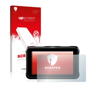 Face avant d’un emballage produit avec le logo de la marque upscreen. À côté, l’appareil Atomos Shinobi SDI est représenté ave