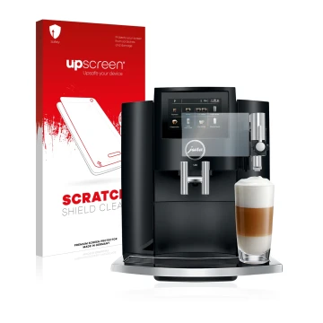 Face avant d’un emballage produit avec le logo de la marque upscreen. À côté, l’appareil Jura S8 est représenté avec la protec