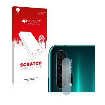 Face avant d’un emballage produit avec le logo de la marque upscreen. À côté, l’appareil Honor 20 Pro (Caméra UNIQUEMENT) est 