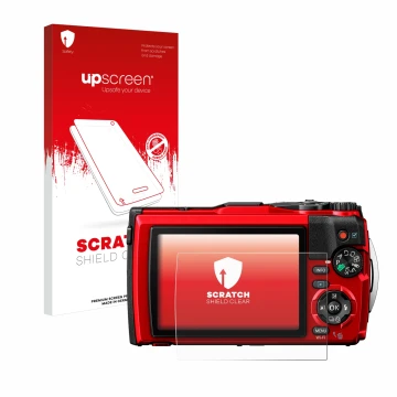 Face avant d’un emballage produit avec le logo de la marque upscreen. À côté, l’appareil Olympus Tough TG-6 est représenté ave