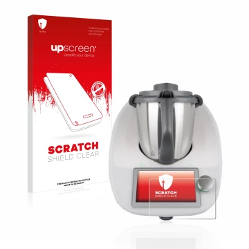 Face avant d’un emballage produit avec le logo de la marque upscreen. À côté, l’appareil Vorwerk Bimby TM6 est représenté avec