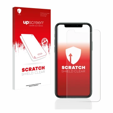 Face avant d’un emballage produit avec le logo de la marque upscreen. À côté, l’appareil Apple iPhone 11 Pro est représenté av