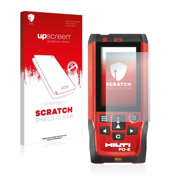 Face avant d’un emballage produit avec le logo de la marque upscreen. À côté, l’appareil Hilti PD-E est représenté avec la pro