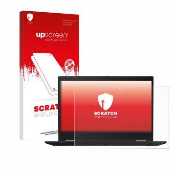 Face avant d’un emballage produit avec le logo de la marque upscreen. À côté, l’appareil Lenovo ThinkPad X390 Yoga est représe