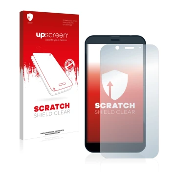 Face avant d’un emballage produit avec le logo de la marque upscreen. À côté, l’appareil Shiftphones Shift6m est représenté av