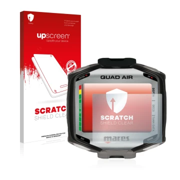 Face avant d’un emballage produit avec le logo de la marque upscreen. À côté, l’appareil Mares Quad Air est représenté avec la