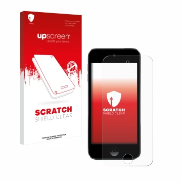 Face avant d’un emballage produit avec le logo de la marque upscreen. À côté, l’appareil Apple iPod Touch (7ème Gen.) est repr