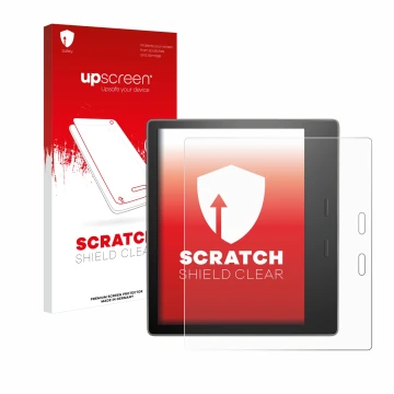 Face avant d’un emballage produit avec le logo de la marque upscreen. À côté, l’appareil Amazon Kindle Oasis 2019 (10ème Gen.)