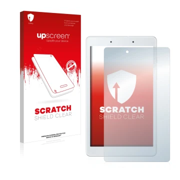 Face avant d’un emballage produit avec le logo de la marque upscreen. À côté, l’appareil Samsung Galaxy Tab A 8.0 WiFi 2019 es