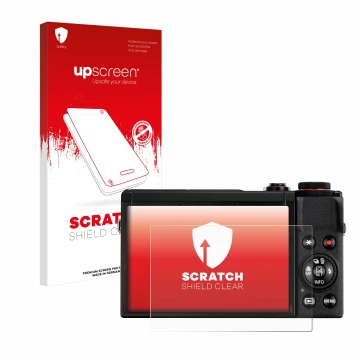 Face avant d’un emballage produit avec le logo de la marque upscreen. À côté, l’appareil Canon PowerShot G7 X Mark III est rep