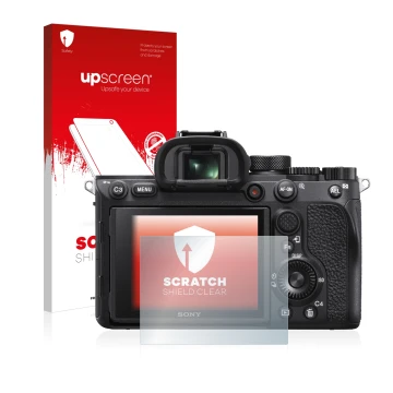 Face avant d’un emballage produit avec le logo de la marque upscreen. À côté, l’appareil Sony Alpha 7R IV est représenté avec 