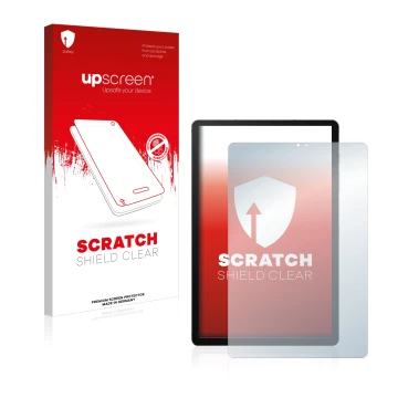 Face avant d’un emballage produit avec le logo de la marque upscreen. À côté, l’appareil Samsung Galaxy Tab S6 WiFi 2019 est r